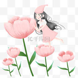 简约粉色花朵上的女孩插画海报免