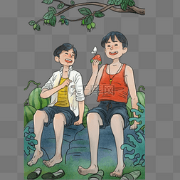 小暑西瓜树图片_树下两个吃西瓜的男孩