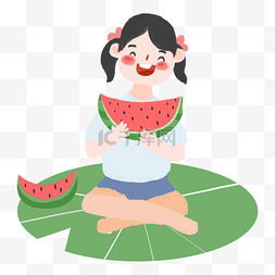 夏季坐在荷叶上吃西瓜的女孩
