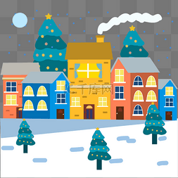 圣诞节蓝色插画图片_手绘卡通圣诞小镇蓝色插画圣诞夜
