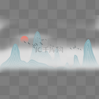 清明清明节绿色古风水墨描线山水
