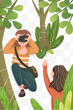 手绘卡通两个小女孩在树林里拍照