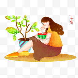 立夏吃西瓜女孩插画