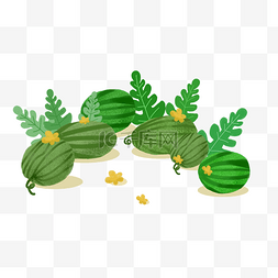 西瓜装饰图片_绿色西瓜装饰插画叶子黄花