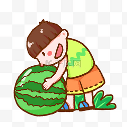 夏天吃大西瓜的男孩手绘插画