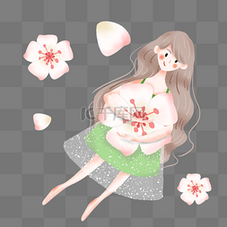 樱花图片_简约抱着樱花的女孩插画海报免抠