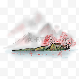 初春水墨元素图片_中国水墨春天的樱花和房屋