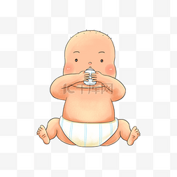 小婴儿手举奶瓶自己喝牛奶