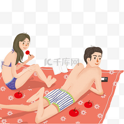 沙滩元素插画图片_卡通小情侣在沙滩上休息