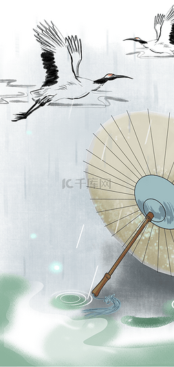 中国风纸伞青色水墨装饰画