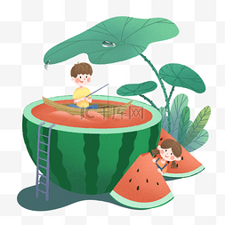 夏季清凉水果图片_手绘夏天小孩与西瓜