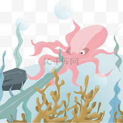 海底海鲜图片_海底章鱼海草插画