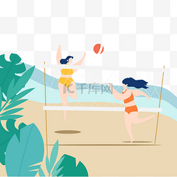 沙滩足球沙滩排球图片_扁平女孩海滩打排球