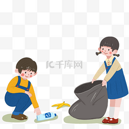 卡通两个女孩在回收垃圾