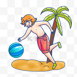夏季沙滩上玩球的男孩