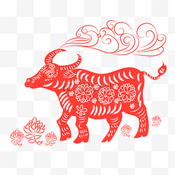 中国剪纸风格红色花纹窗花牛