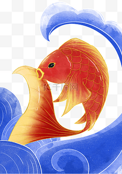 年年有余手绘图片_中国传统红色锦鲤插画