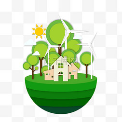 剪纸风格绿色环保风力发电生态图