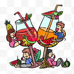 夏季清凉喝西瓜汁果汁手绘卡通可