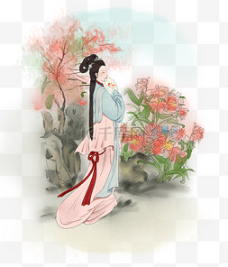 春夏插画素材图片_中国风古代女性春夏赏花手绘插画