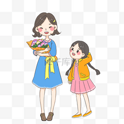 手绘插画母亲节图片_收到鲜花的妈妈PNG