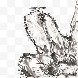石头上的小鸟水墨画PNG免抠素材