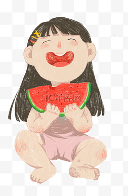 手绘吃西瓜的图片_吃西瓜的女孩