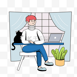 办公室图片_手绘卡通远程办公猫咪插画