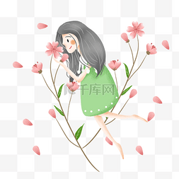 手绘樱花图片_简约抱着樱花的女孩插画海报免抠