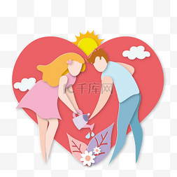 爱情热气球卡通图片_情人节那天夫妇浇水爱与剪纸一起