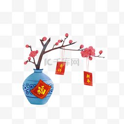 花瓶鲜花插画图片_中国风春节装饰