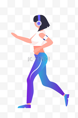矢量扁平女子跑步健身运动戴耳机