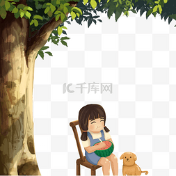 小女孩坐在树下吃西瓜免抠图