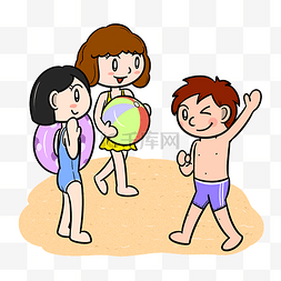 人物海边玩耍图片_卡通夏季儿童沙滩嬉闹png透明底