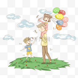 清明踏青背景素材图片_清明节一家人开心踏青放气球插画