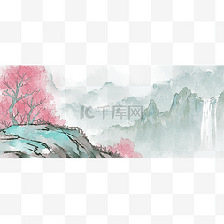 花川瀑布中国风山水水墨画PNG素材