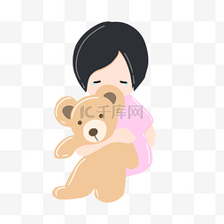 落泪小女孩手抱熊娃娃