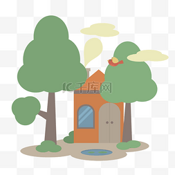 夏天大树小鸟房子