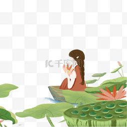 绿色荷塘图片_卡通女孩在划船