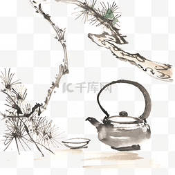 手绘茶杯茶壶图片_松枝与茶壶水墨画PNG免抠素材