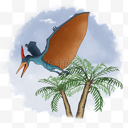 手绘风格从树顶起飞的蓝色翼龙免