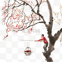 少年中国风图片_水墨画打柿子的少年