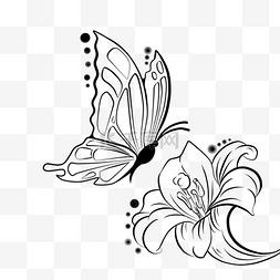 手绘黑色线条蝴蝶与花