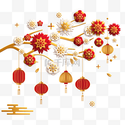 中国传统节日剪纸图片_红色新年梅花树灯笼立体剪纸吊饰