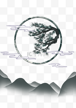 中国水墨风松树图片_新中式山水松树插图
