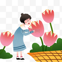 踏青春游插画图片_踏青闻鲜花的女孩