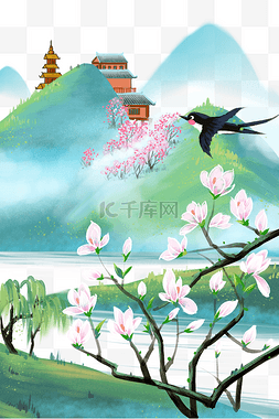 春天春景春季绿色中国风山水