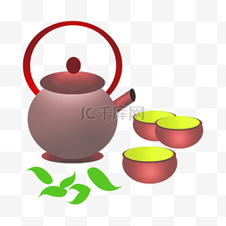 中国风茶具插画图片_红色茶具卡通插画