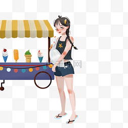 卡通女孩在卖冰淇淋免抠图