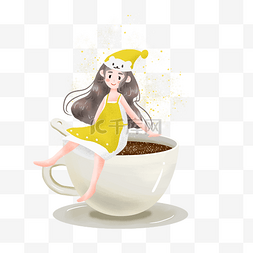 简约坐在咖啡杯上的女孩插画海报